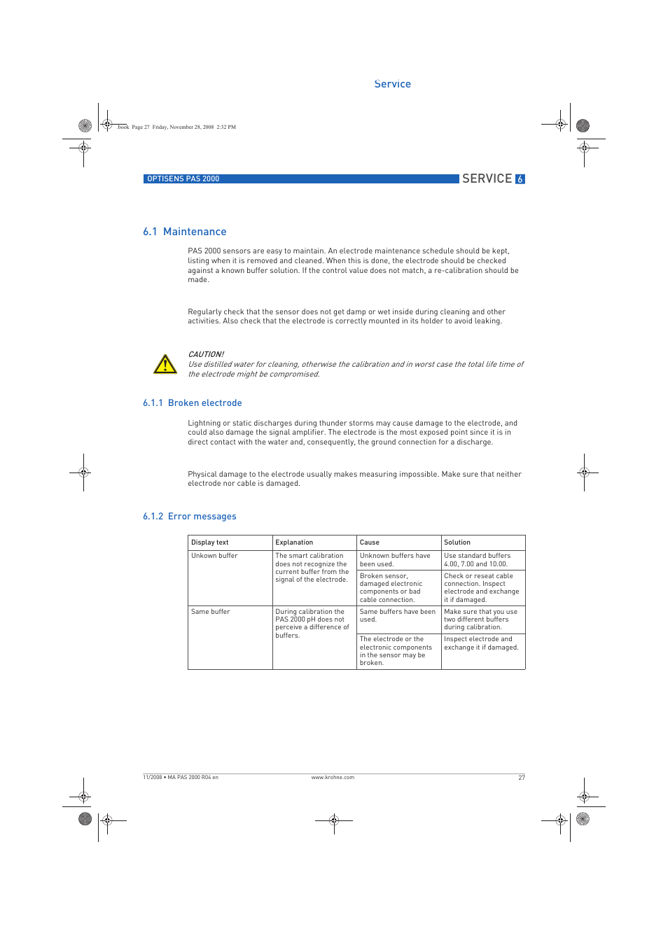 Service, Service 6.1 maintenance | KROHNE OPTISENS PAS 2000 EN User Manual | Page 27 / 44