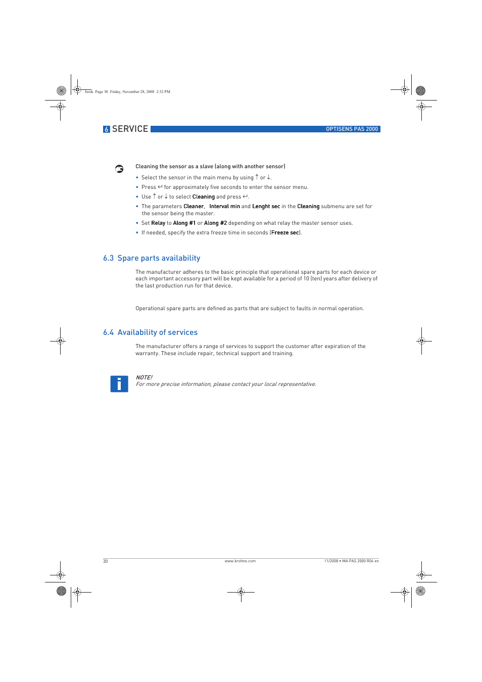 Service, 3 spare parts availability, 4 availability of services | KROHNE OPTISENS PAS 2000 EN User Manual | Page 30 / 44