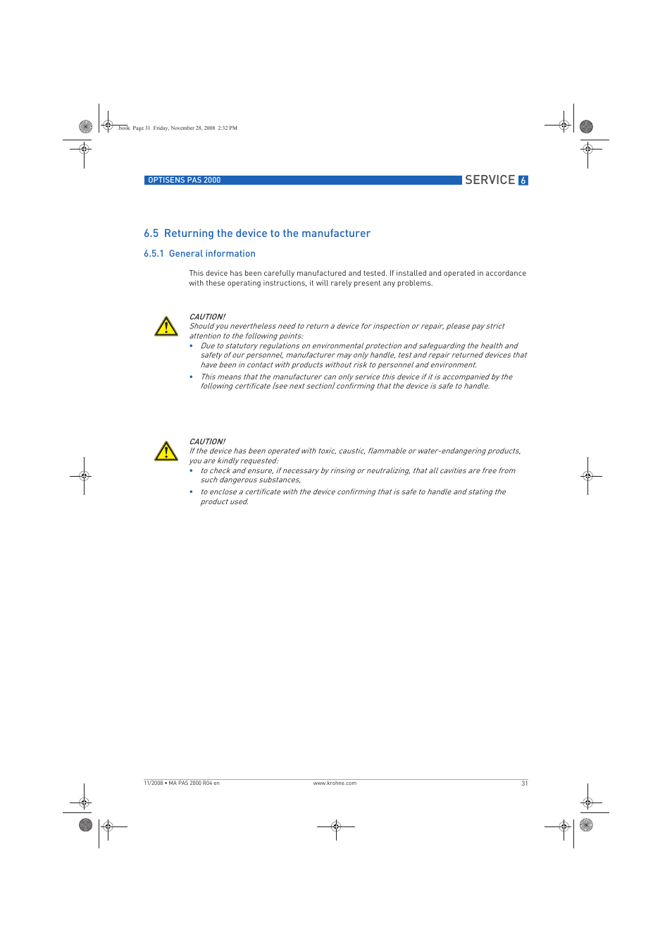 Service, 5 returning the device to the manufacturer | KROHNE OPTISENS PAS 2000 EN User Manual | Page 31 / 44