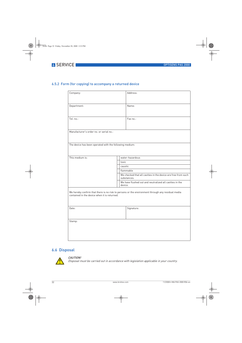 Service, 6 disposal | KROHNE OPTISENS PAS 2000 EN User Manual | Page 32 / 44