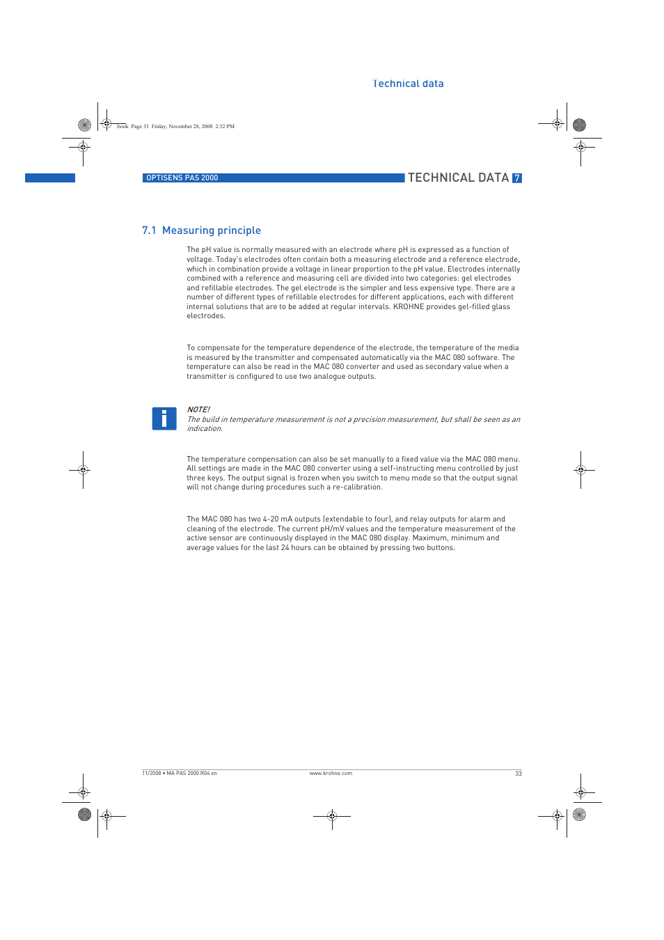 Technical data, Technical data 7.1 measuring principle | KROHNE OPTISENS PAS 2000 EN User Manual | Page 33 / 44