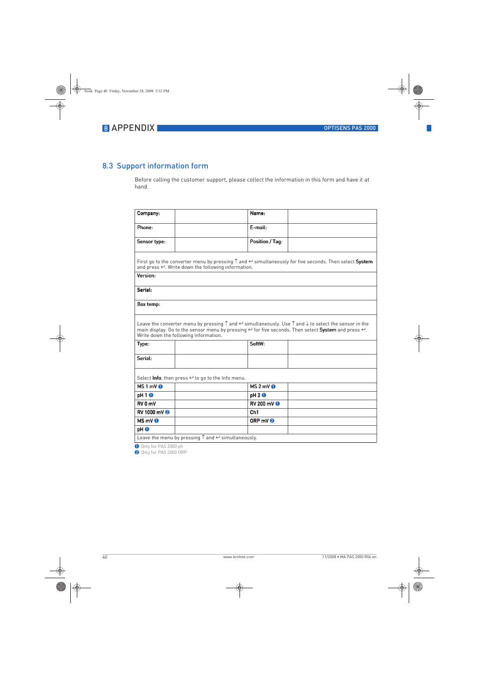 Appendix, 3 support information form | KROHNE OPTISENS PAS 2000 EN User Manual | Page 40 / 44
