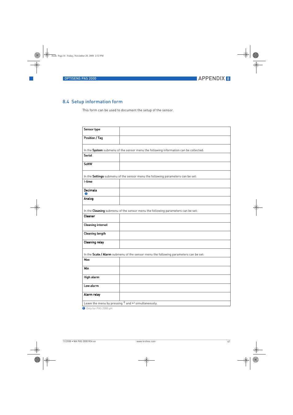 Appendix, 4 setup information form | KROHNE OPTISENS PAS 2000 EN User Manual | Page 41 / 44