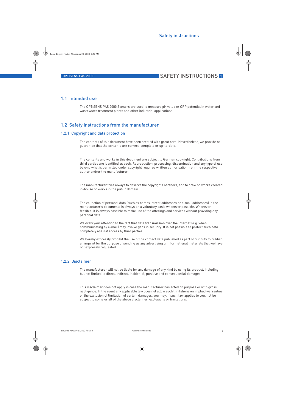 Safety instructions | KROHNE OPTISENS PAS 2000 EN User Manual | Page 5 / 44