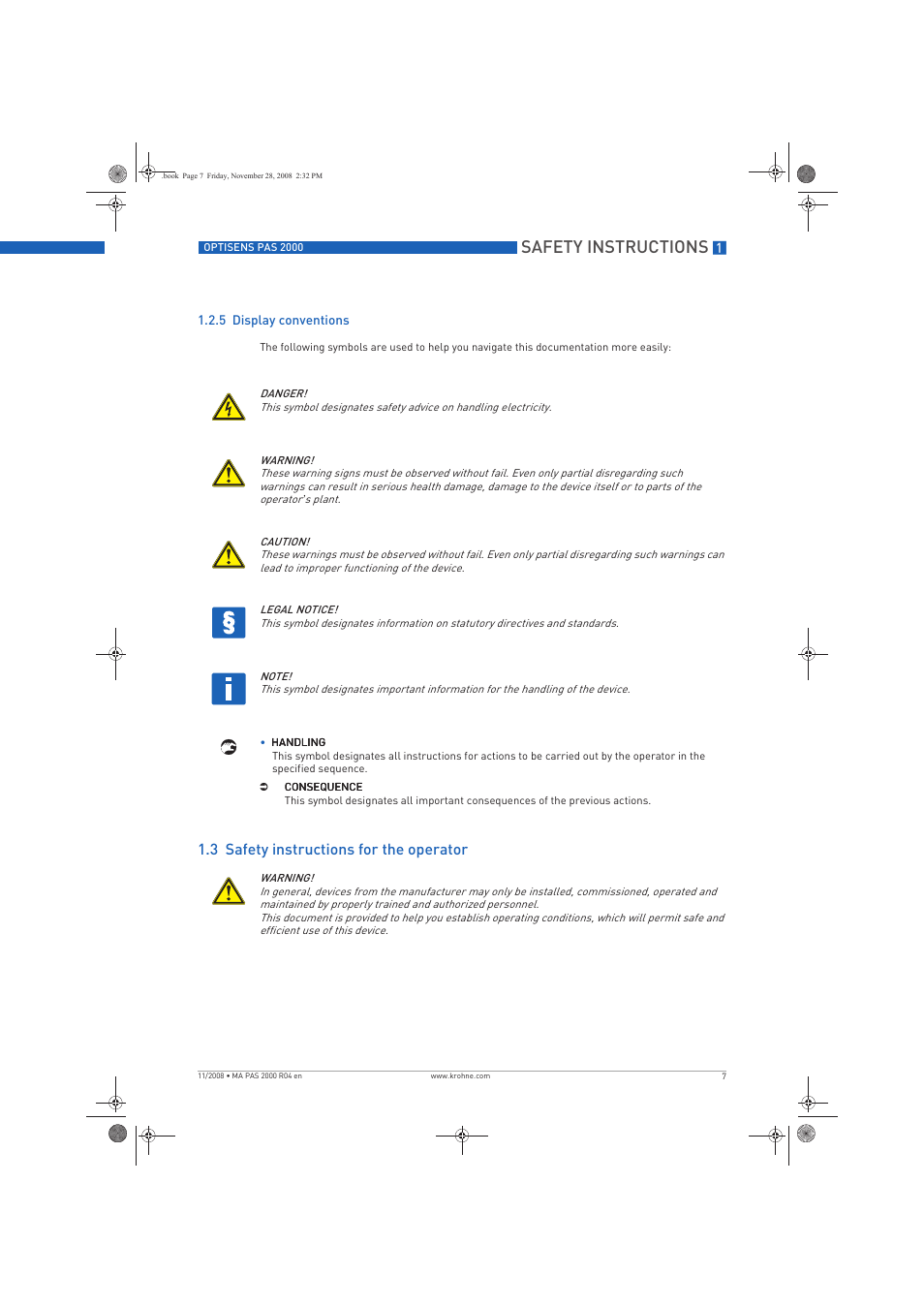 Safety instructions, 3 safety instructions for the operator | KROHNE OPTISENS PAS 2000 EN User Manual | Page 7 / 44