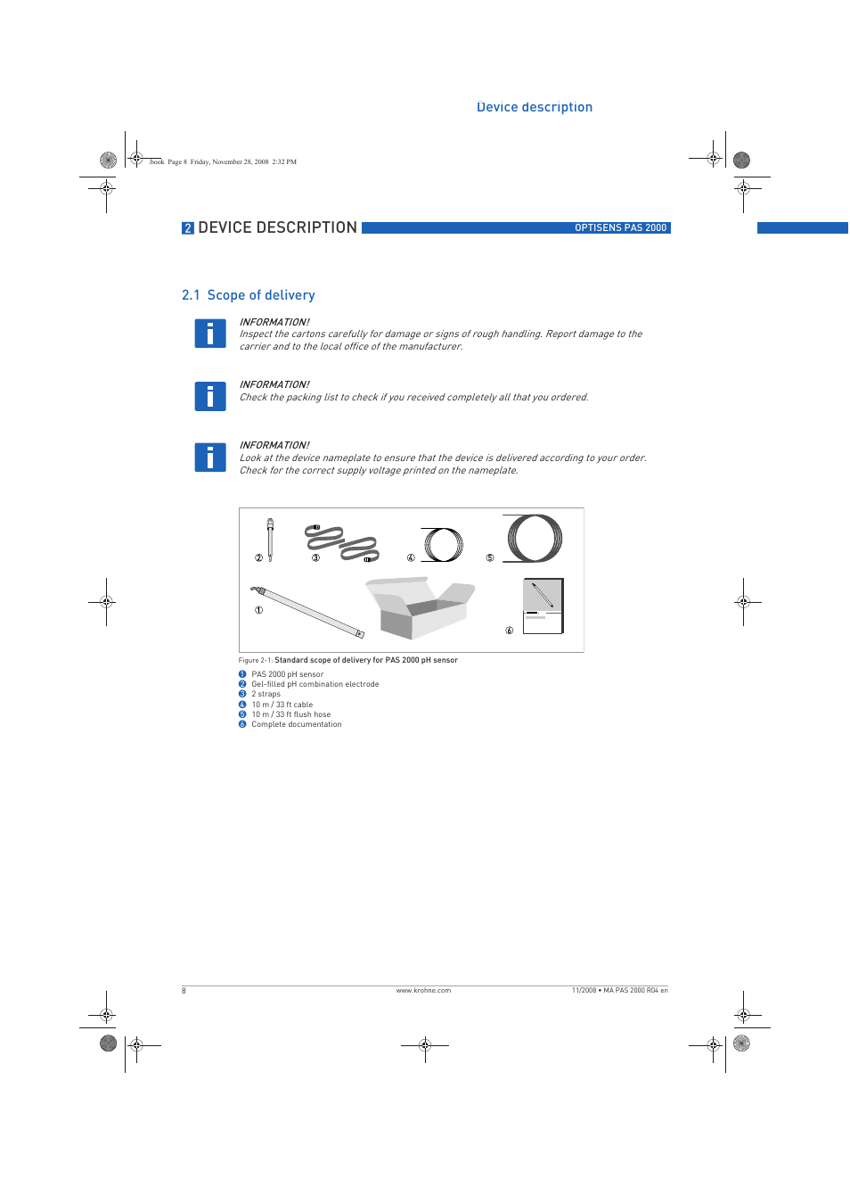 Device description, Device description 2.1 scope of delivery | KROHNE OPTISENS PAS 2000 EN User Manual | Page 8 / 44