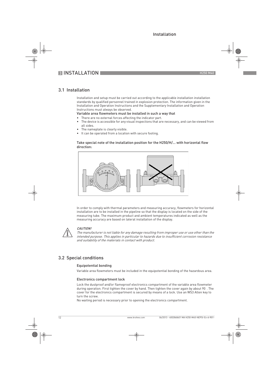 Installation, Installation 3.1 installation, 2 special conditions | KROHNE H250 M40 NEPSI Ex d-Ex t User Manual | Page 12 / 24