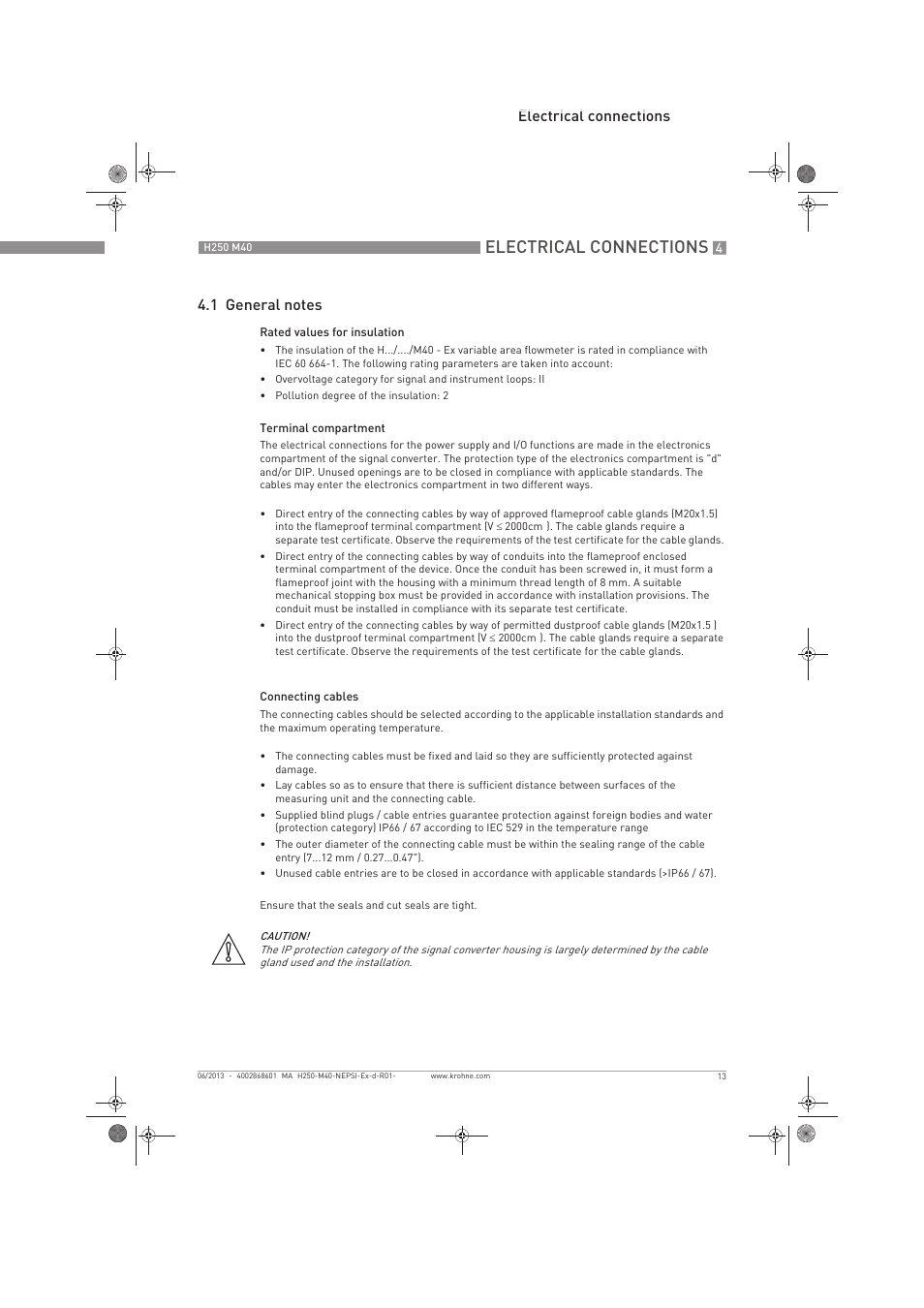 Electrical connections | KROHNE H250 M40 NEPSI Ex d-Ex t User Manual | Page 13 / 24