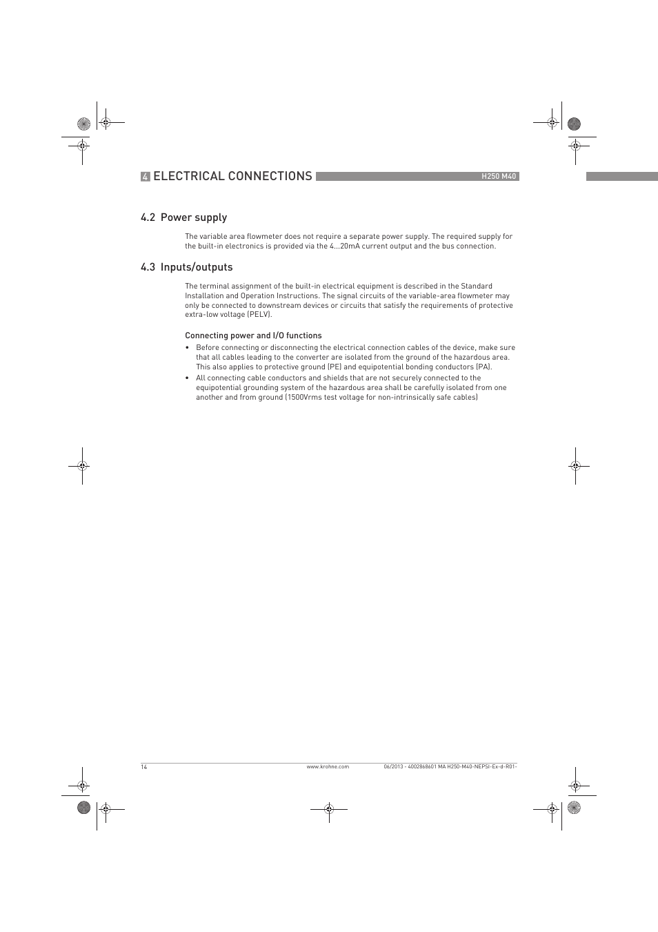 Electrical connections, 2 power supply, 3 inputs/outputs | KROHNE H250 M40 NEPSI Ex d-Ex t User Manual | Page 14 / 24