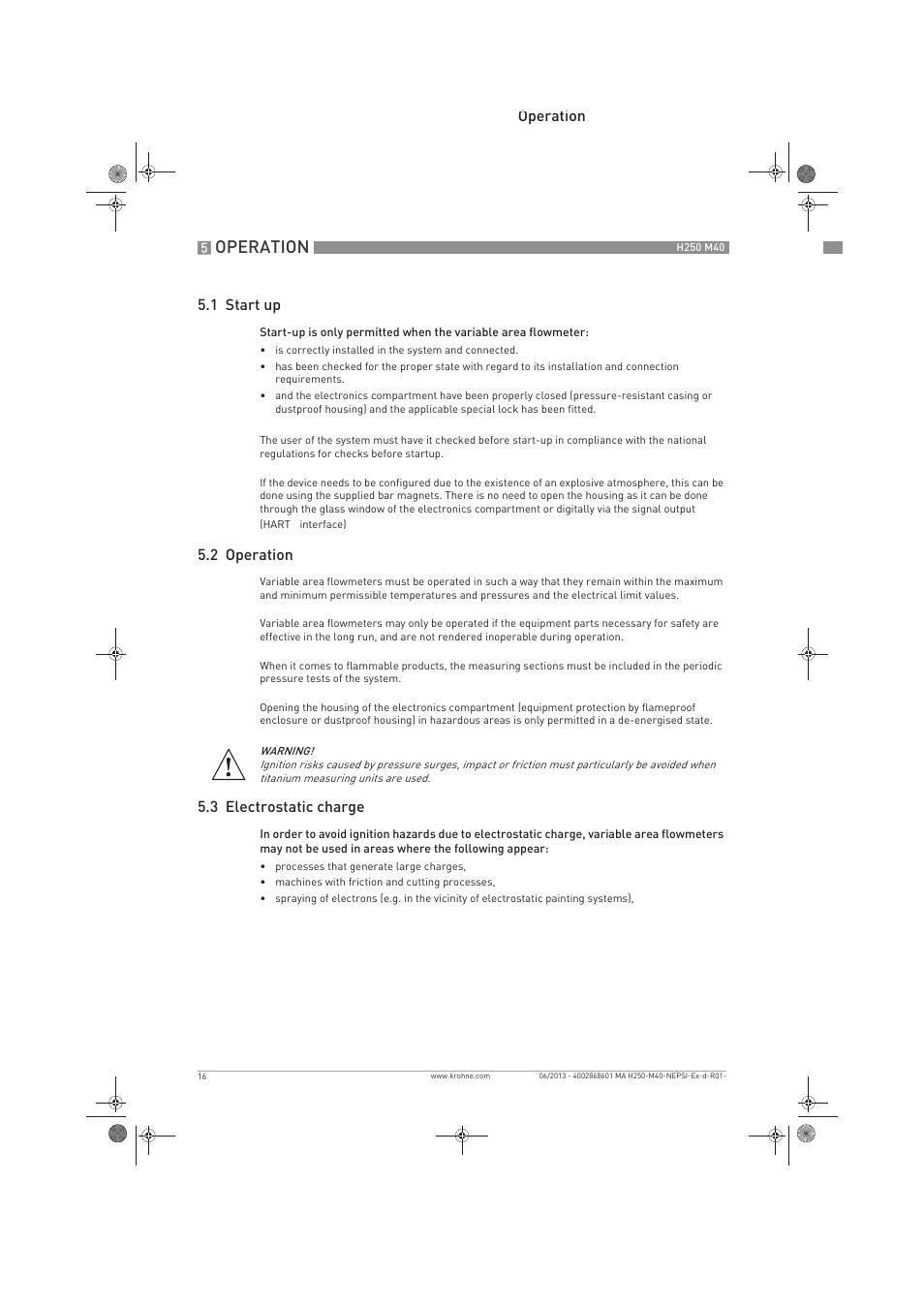 Operation, Operation 5.1 start up, 2 operation | 3 electrostatic charge | KROHNE H250 M40 NEPSI Ex d-Ex t User Manual | Page 16 / 24