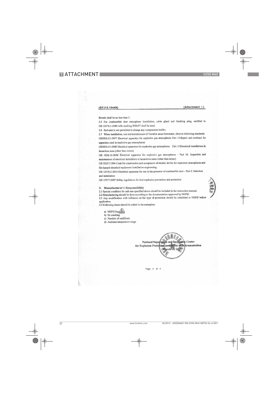 Attachment | KROHNE H250 M40 NEPSI Ex d-Ex t User Manual | Page 22 / 24