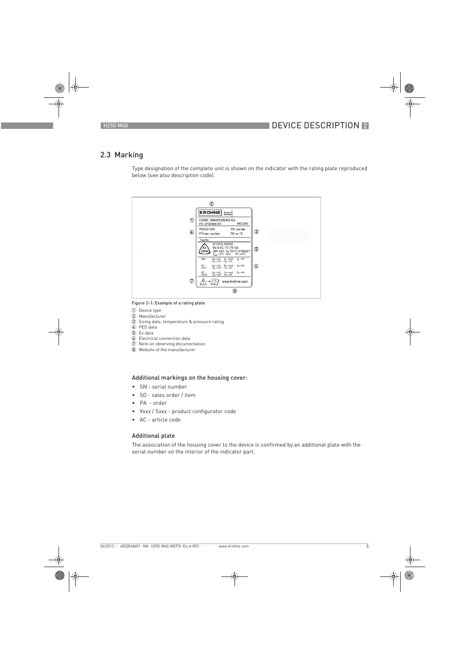 Device description, 3 marking | KROHNE H250 M40 NEPSI Ex d-Ex t User Manual | Page 5 / 24