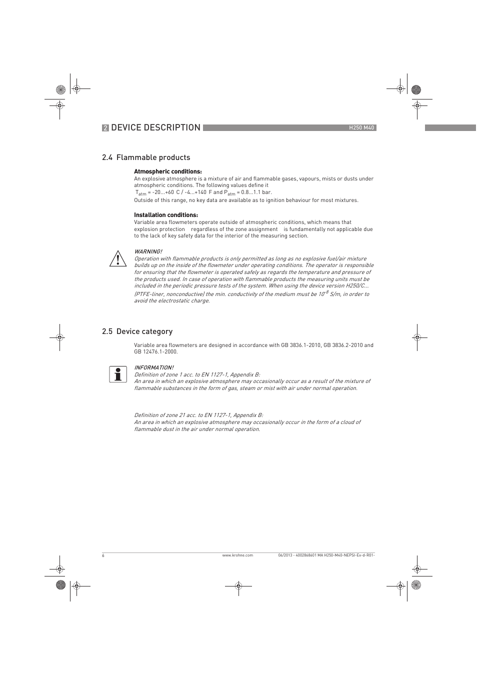 Device description, 4 flammable products, 5 device category | KROHNE H250 M40 NEPSI Ex d-Ex t User Manual | Page 6 / 24