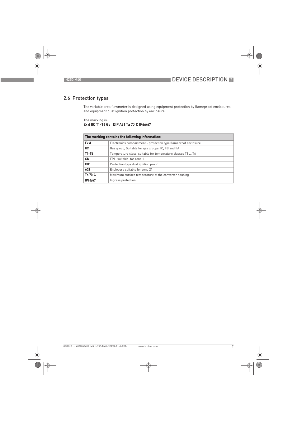 Device description, 6 protection types | KROHNE H250 M40 NEPSI Ex d-Ex t User Manual | Page 7 / 24