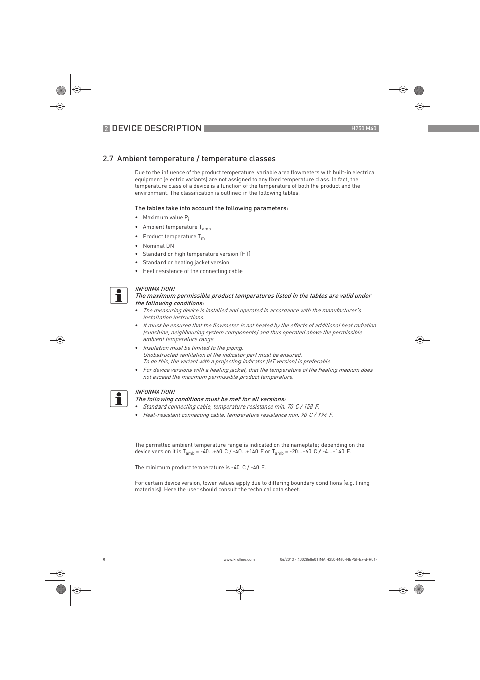 Device description, 7 ambient temperature / temperature classes | KROHNE H250 M40 NEPSI Ex d-Ex t User Manual | Page 8 / 24