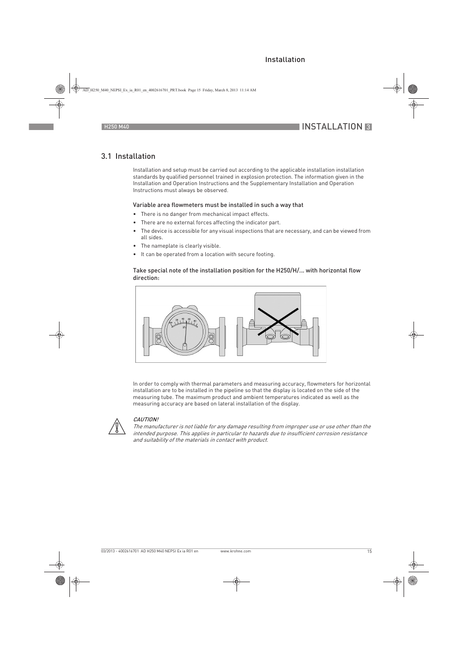 Installation, Installation 3.1 installation | KROHNE H250 M40 NEPSI Ex ia User Manual | Page 15 / 24