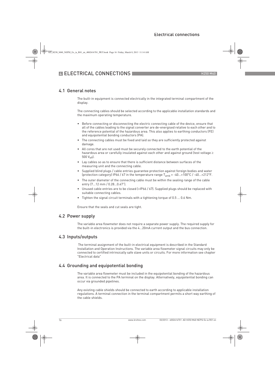 Electrical connections, 2 power supply, 3 inputs/outputs | 4 grounding and equipotential bonding | KROHNE H250 M40 NEPSI Ex ia User Manual | Page 16 / 24