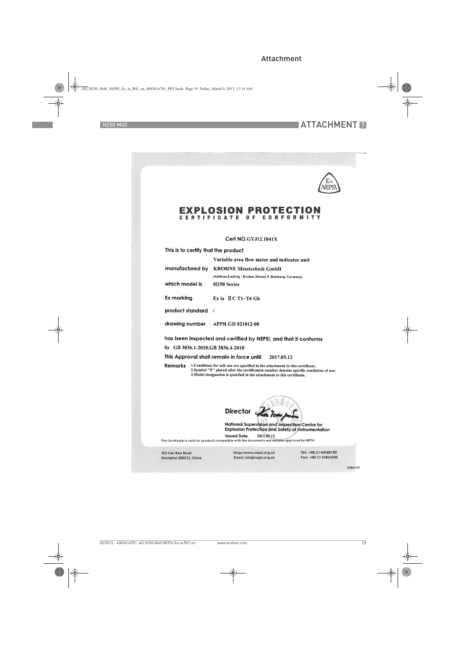 Attachment | KROHNE H250 M40 NEPSI Ex ia User Manual | Page 19 / 24