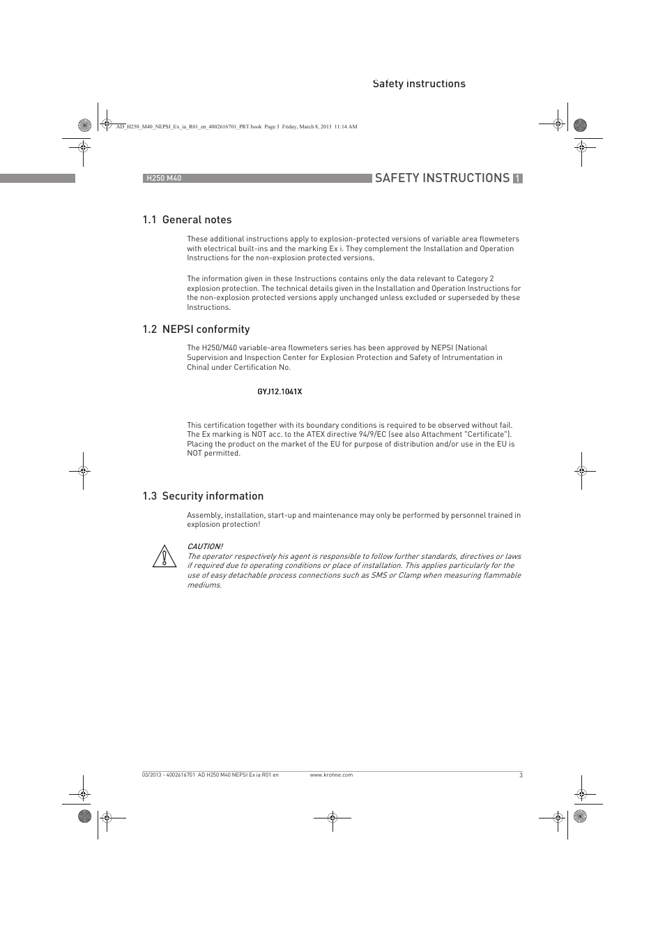 Safety instructions | KROHNE H250 M40 NEPSI Ex ia User Manual | Page 3 / 24