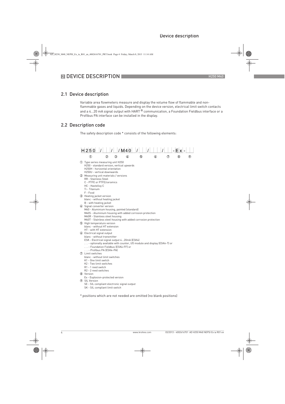 Device description, Device description 2.1 device description, 2 description code | KROHNE H250 M40 NEPSI Ex ia User Manual | Page 4 / 24