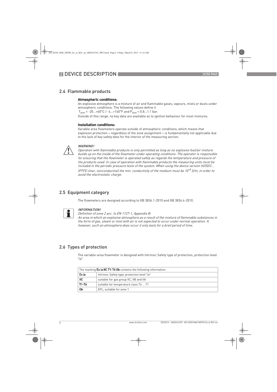 Device description, 4 flammable products, 5 equipment category | 6 types of protection | KROHNE H250 M40 NEPSI Ex ia User Manual | Page 6 / 24