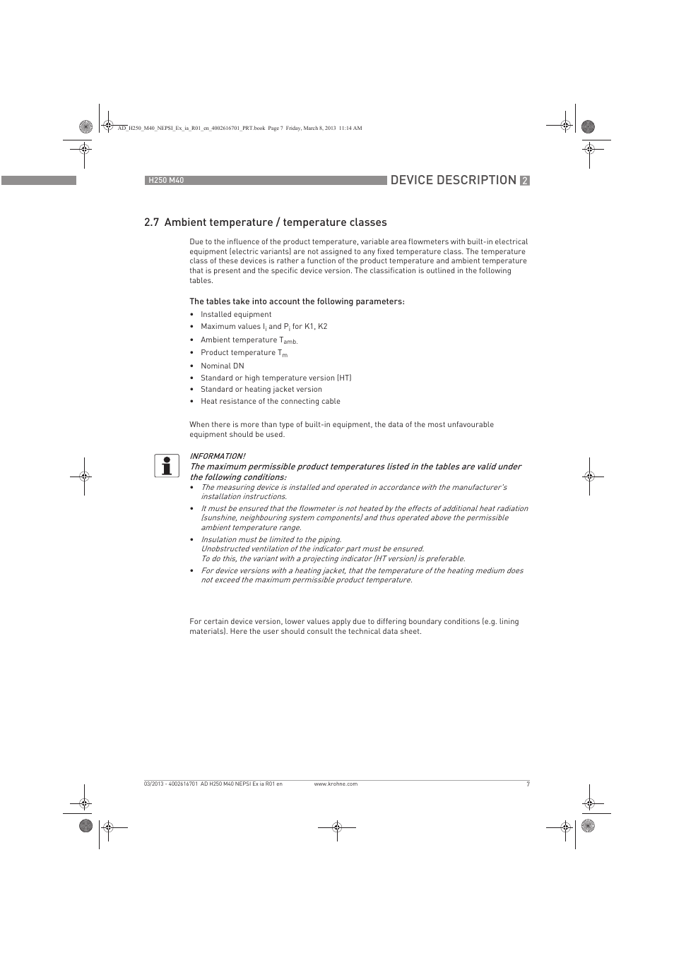 Device description, 7 ambient temperature / temperature classes | KROHNE H250 M40 NEPSI Ex ia User Manual | Page 7 / 24