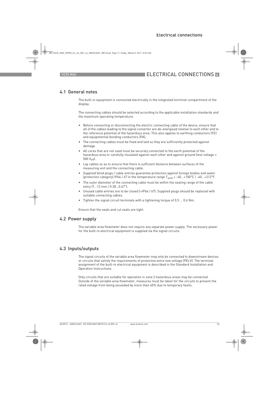 Electrical connections, 2 power supply, 3 inputs/outputs | KROHNE H250 M40 NEPSI Ex nA User Manual | Page 15 / 24