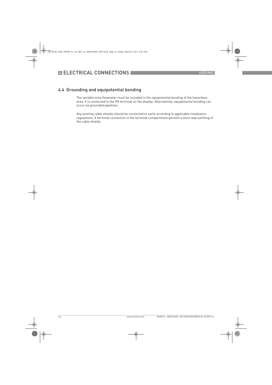 Electrical connections, 4 grounding and equipotential bonding | KROHNE H250 M40 NEPSI Ex nA User Manual | Page 16 / 24