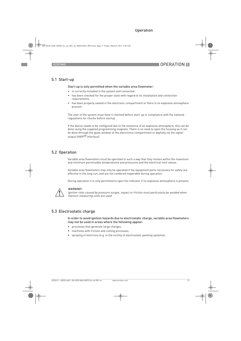 Operation, Operation 5.1 start-up, 2 operation | 3 electrostatic charge | KROHNE H250 M40 NEPSI Ex nA User Manual | Page 17 / 24