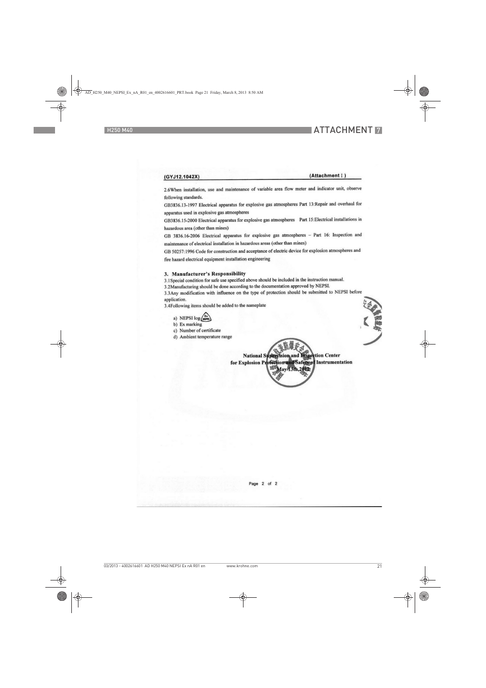 Attachment | KROHNE H250 M40 NEPSI Ex nA User Manual | Page 21 / 24