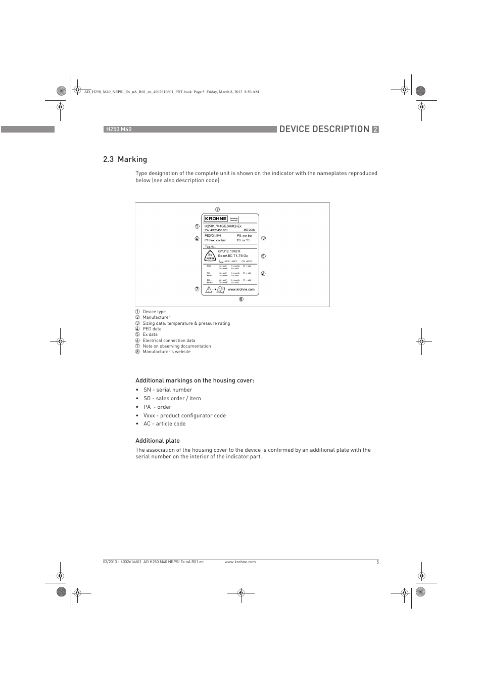 Device description, 3 marking | KROHNE H250 M40 NEPSI Ex nA User Manual | Page 5 / 24