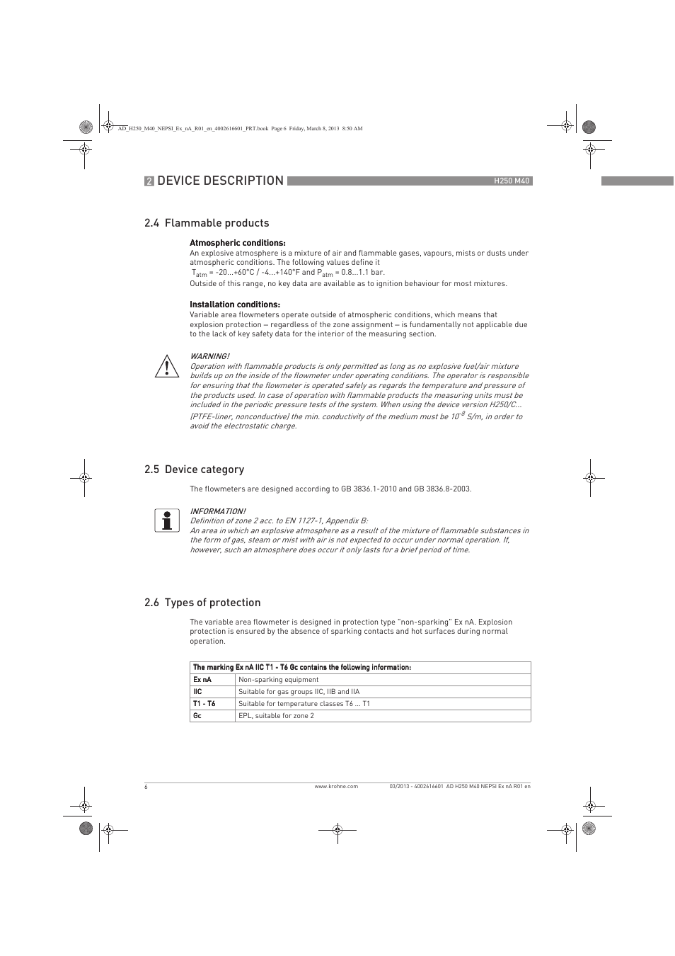 Device description, 4 flammable products, 5 device category | 6 types of protection | KROHNE H250 M40 NEPSI Ex nA User Manual | Page 6 / 24