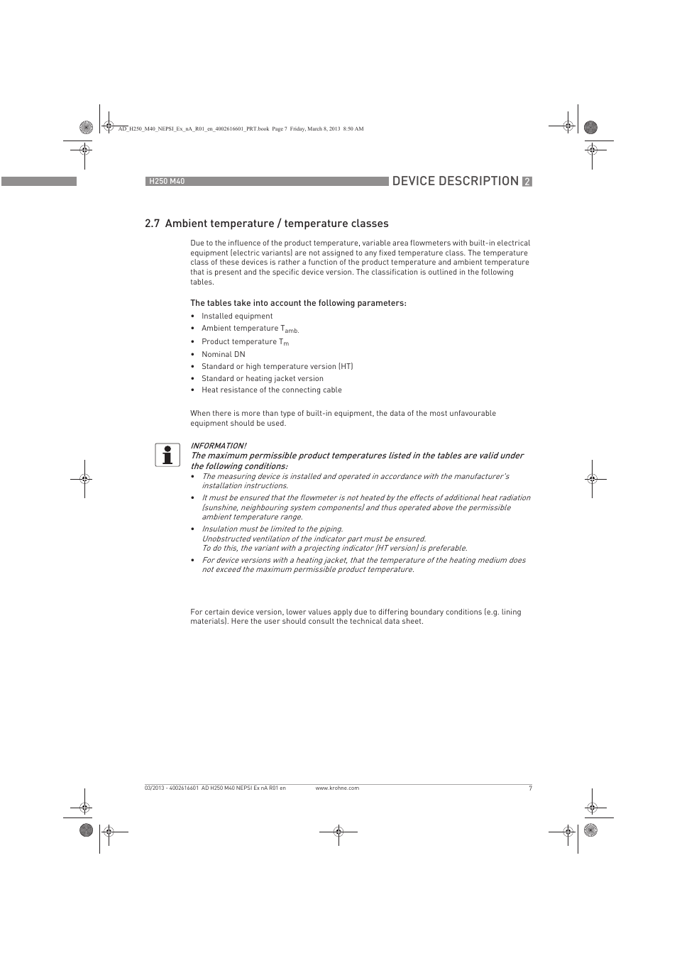 Device description, 7 ambient temperature / temperature classes | KROHNE H250 M40 NEPSI Ex nA User Manual | Page 7 / 24