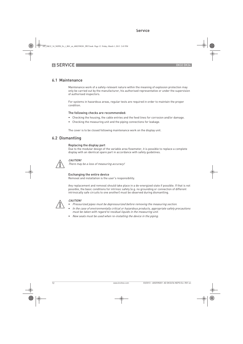 Service, Service 6.1 maintenance, 2 dismantling | KROHNE DK 32-DK 34 NEPSI Ex i User Manual | Page 12 / 16