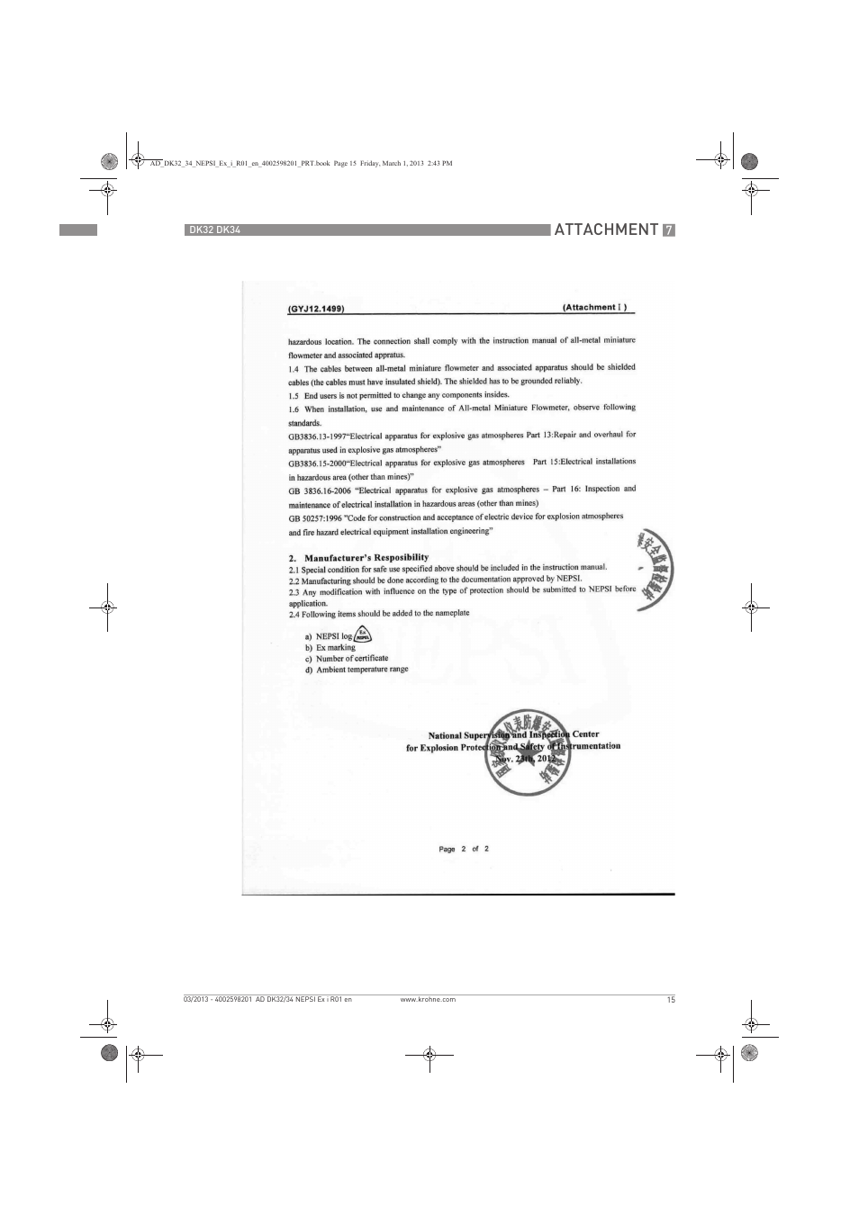 Attachment | KROHNE DK 32-DK 34 NEPSI Ex i User Manual | Page 15 / 16