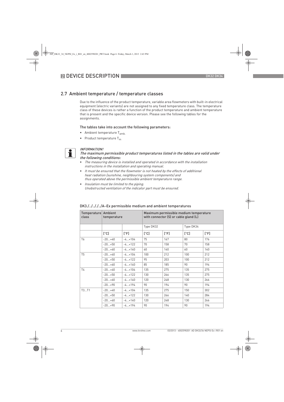 Device description, 7 ambient temperature / temperature classes | KROHNE DK 32-DK 34 NEPSI Ex i User Manual | Page 6 / 16