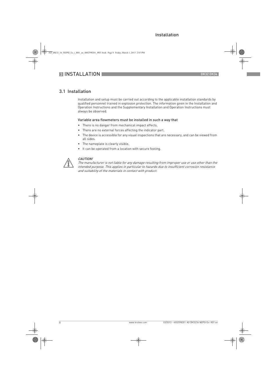 Installation, Installation 3.1 installation | KROHNE DK 32-DK 34 NEPSI Ex i User Manual | Page 8 / 16