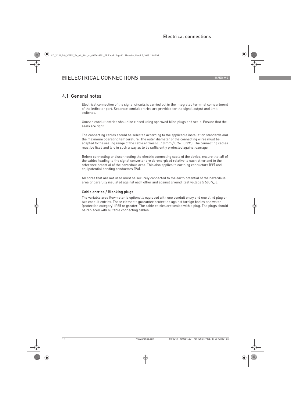 Electrical connections | KROHNE H250 M9 NEPSI Ex nA User Manual | Page 12 / 20