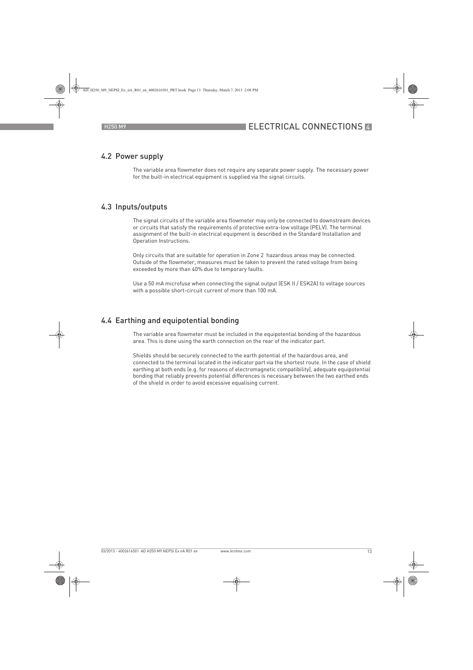 Electrical connections, 2 power supply, 3 inputs/outputs | 4 earthing and equipotential bonding | KROHNE H250 M9 NEPSI Ex nA User Manual | Page 13 / 20