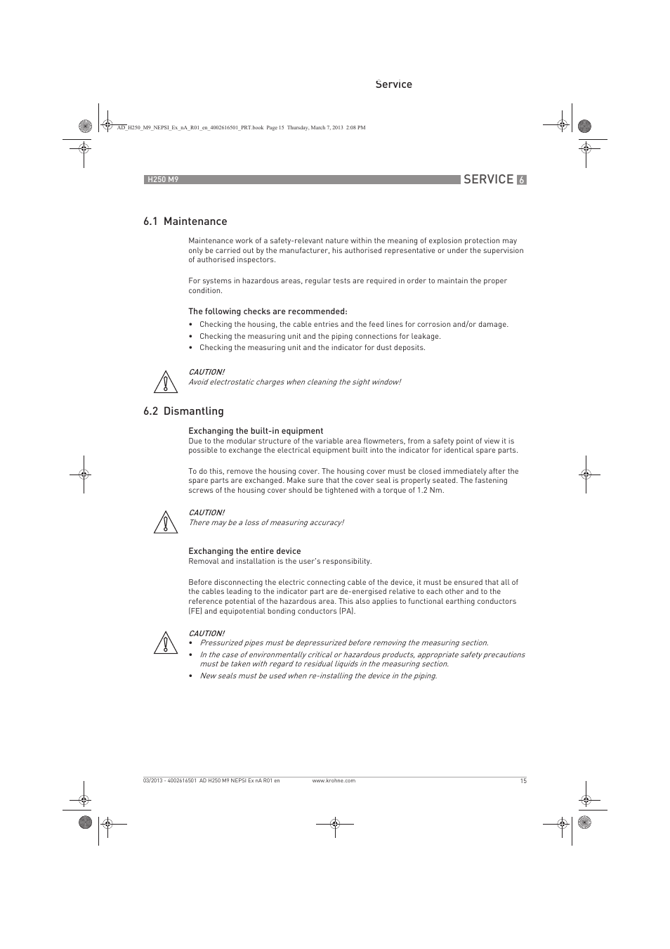 Service, Service 6.1 maintenance, 2 dismantling | KROHNE H250 M9 NEPSI Ex nA User Manual | Page 15 / 20