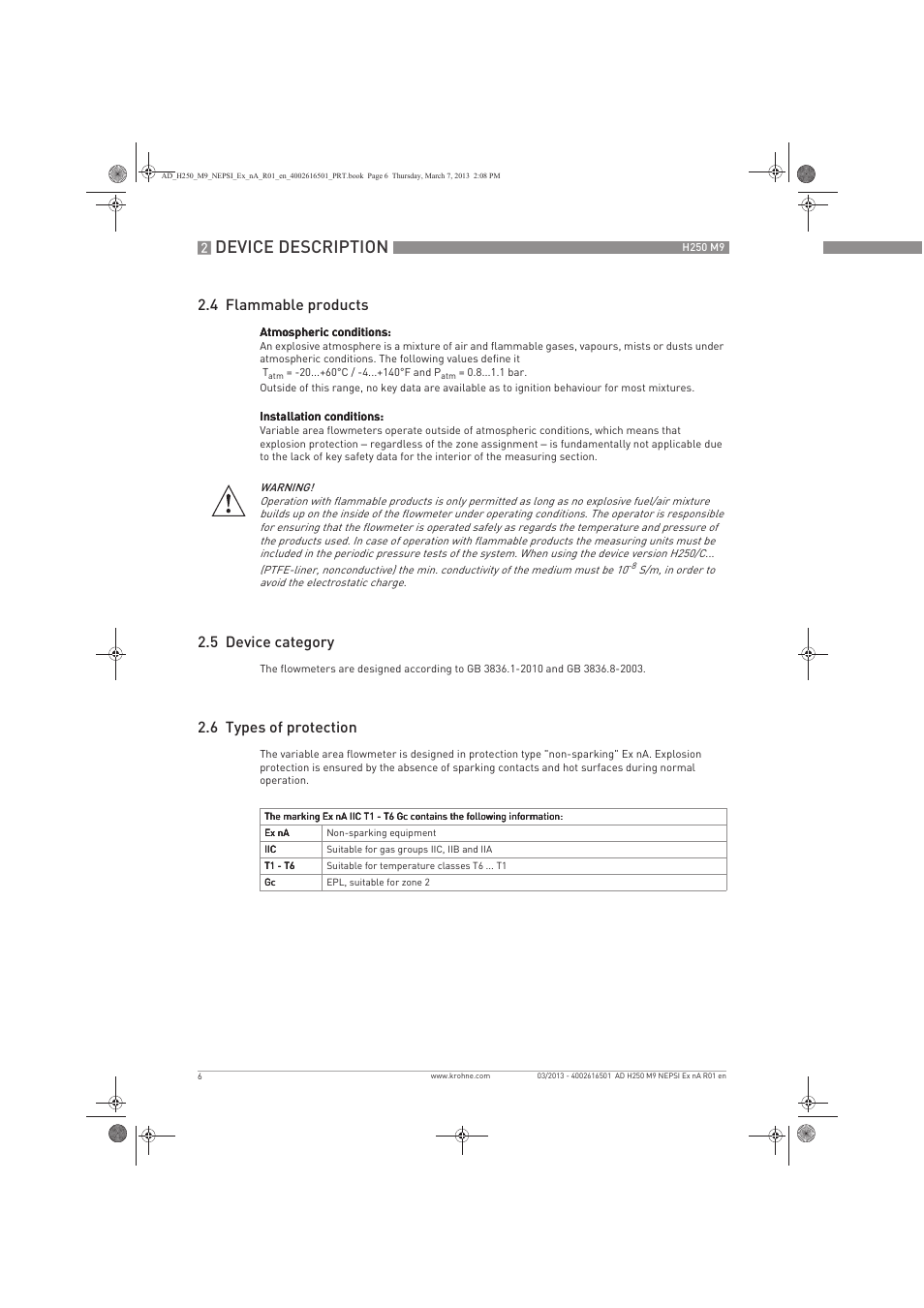 Device description, 4 flammable products, 5 device category | 6 types of protection | KROHNE H250 M9 NEPSI Ex nA User Manual | Page 6 / 20