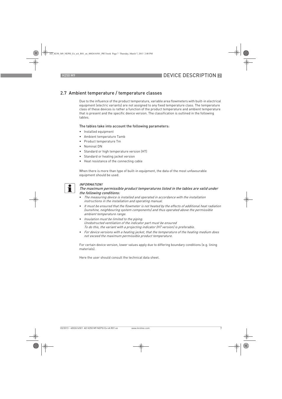 Device description, 7 ambient temperature / temperature classes | KROHNE H250 M9 NEPSI Ex nA User Manual | Page 7 / 20