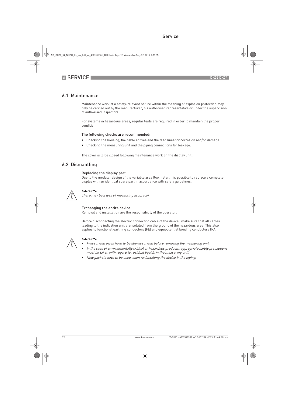 Service, Service 6.1 maintenance, 2 dismantling | KROHNE DK 32-DK 34 NEPSI Ex nA User Manual | Page 12 / 16