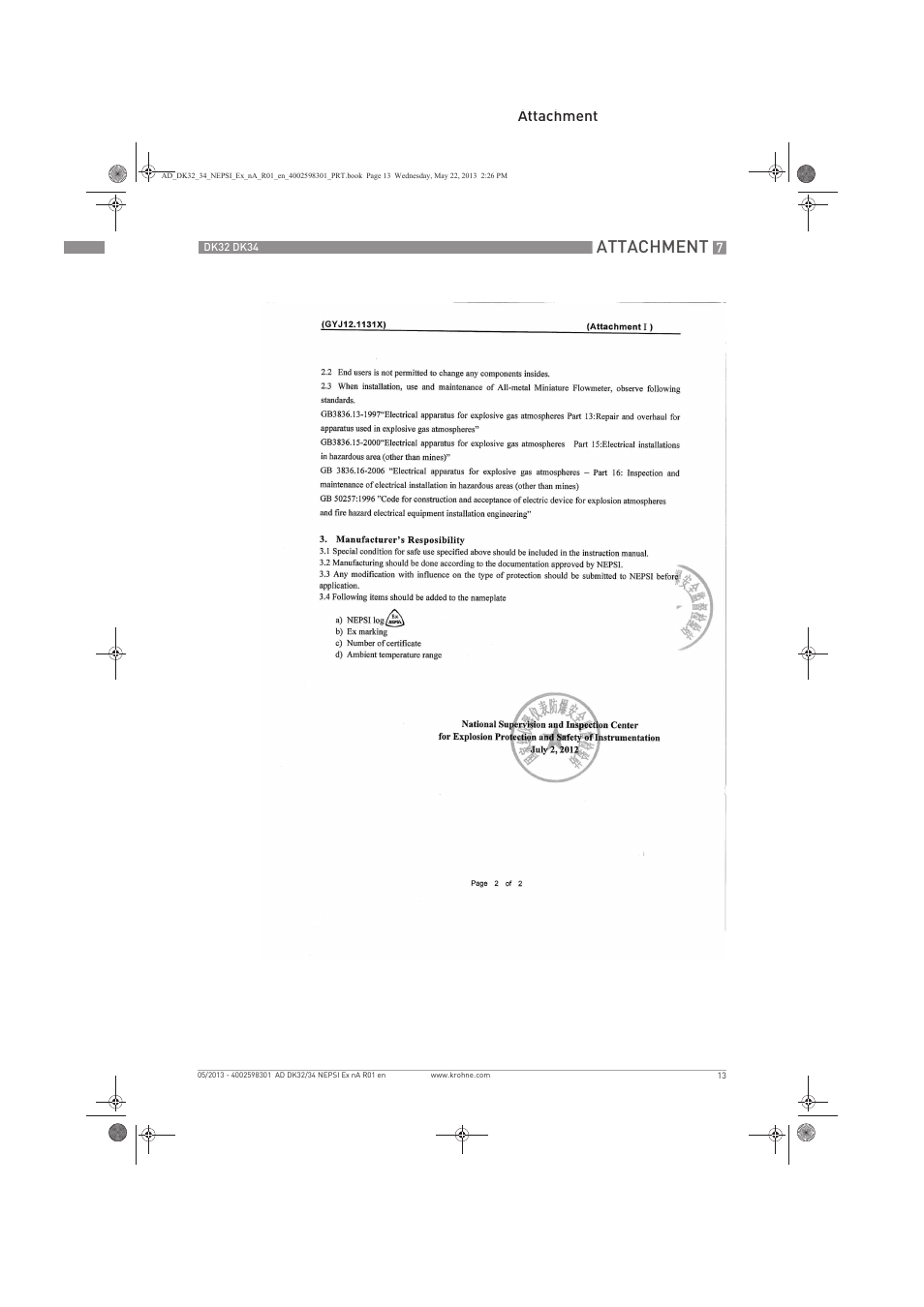 Attachment | KROHNE DK 32-DK 34 NEPSI Ex nA User Manual | Page 13 / 16