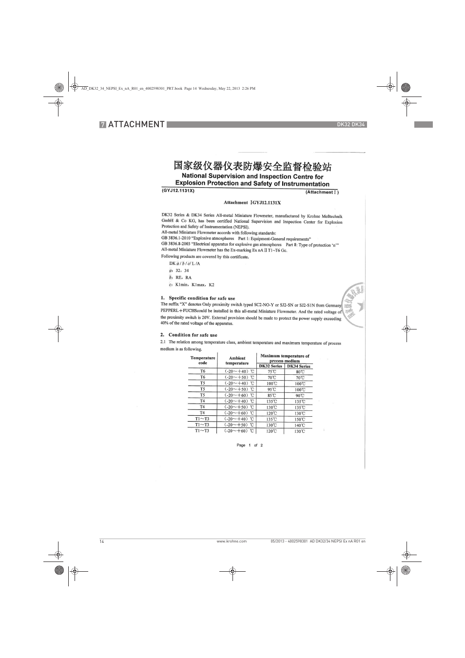 Attachment | KROHNE DK 32-DK 34 NEPSI Ex nA User Manual | Page 14 / 16