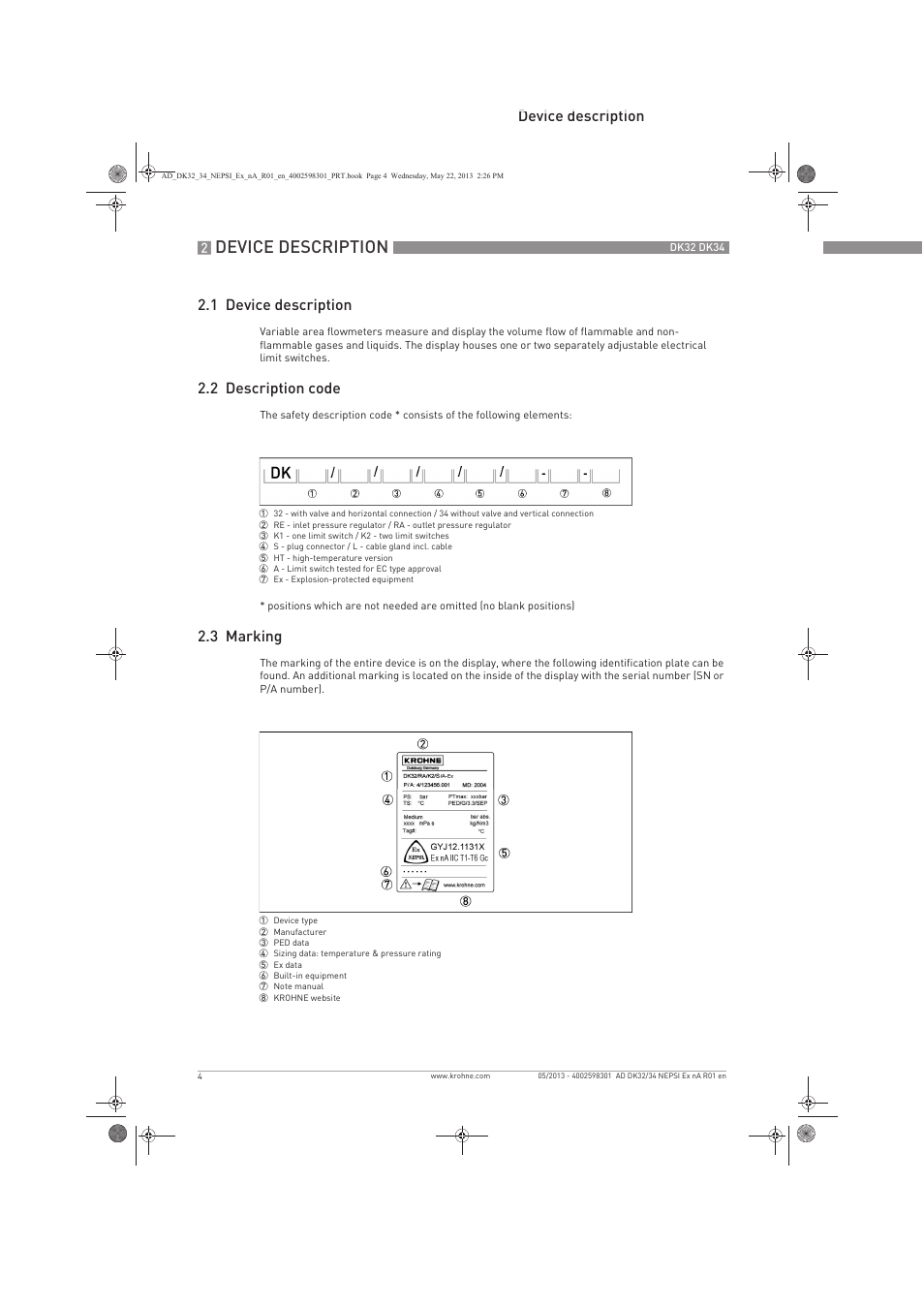 Device description, Device description 2.1 device description, 2 description code | 3 marking | KROHNE DK 32-DK 34 NEPSI Ex nA User Manual | Page 4 / 16