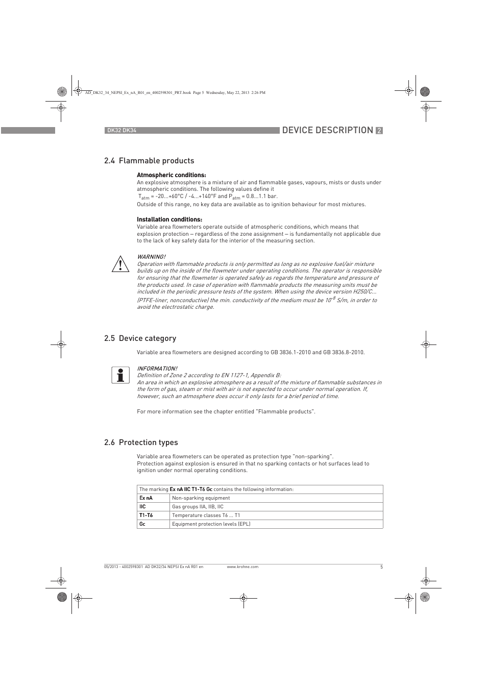 Device description, 4 flammable products, 5 device category | 6 protection types | KROHNE DK 32-DK 34 NEPSI Ex nA User Manual | Page 5 / 16