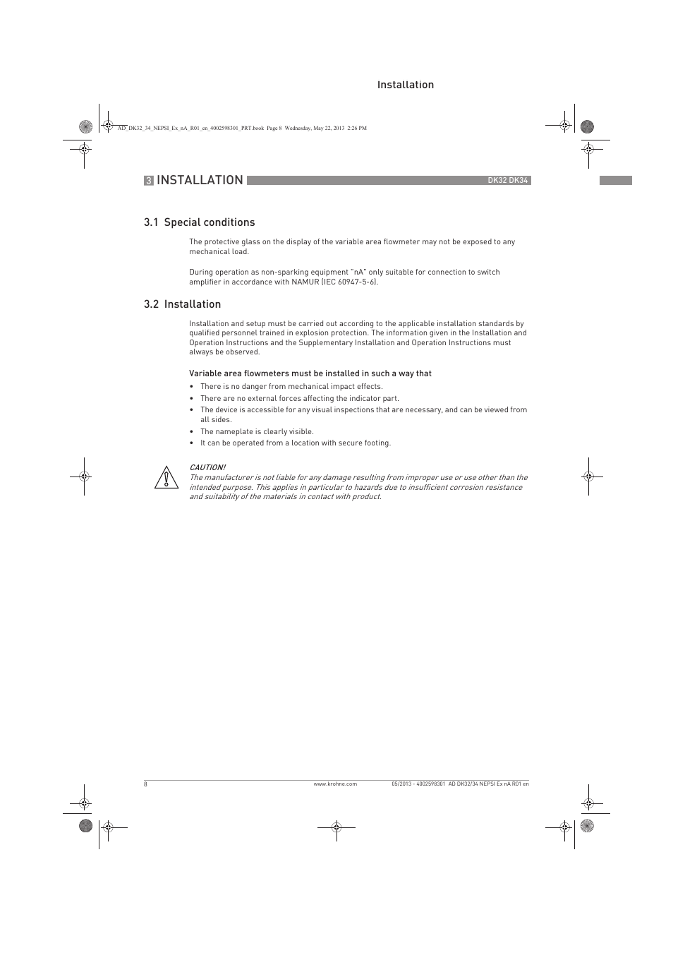 Installation, Installation 3.1 special conditions, 2 installation | KROHNE DK 32-DK 34 NEPSI Ex nA User Manual | Page 8 / 16