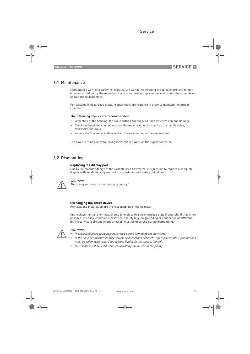 Service, Service 6.1 maintenance, 2 dismantling | KROHNE DK 37 NEPSI Ex i User Manual | Page 13 / 20