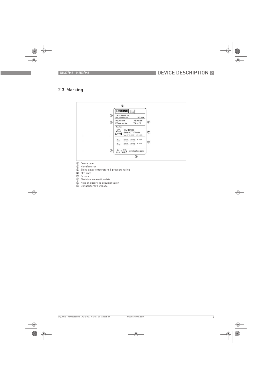 Device description, 3 marking | KROHNE DK 37 NEPSI Ex i User Manual | Page 5 / 20
